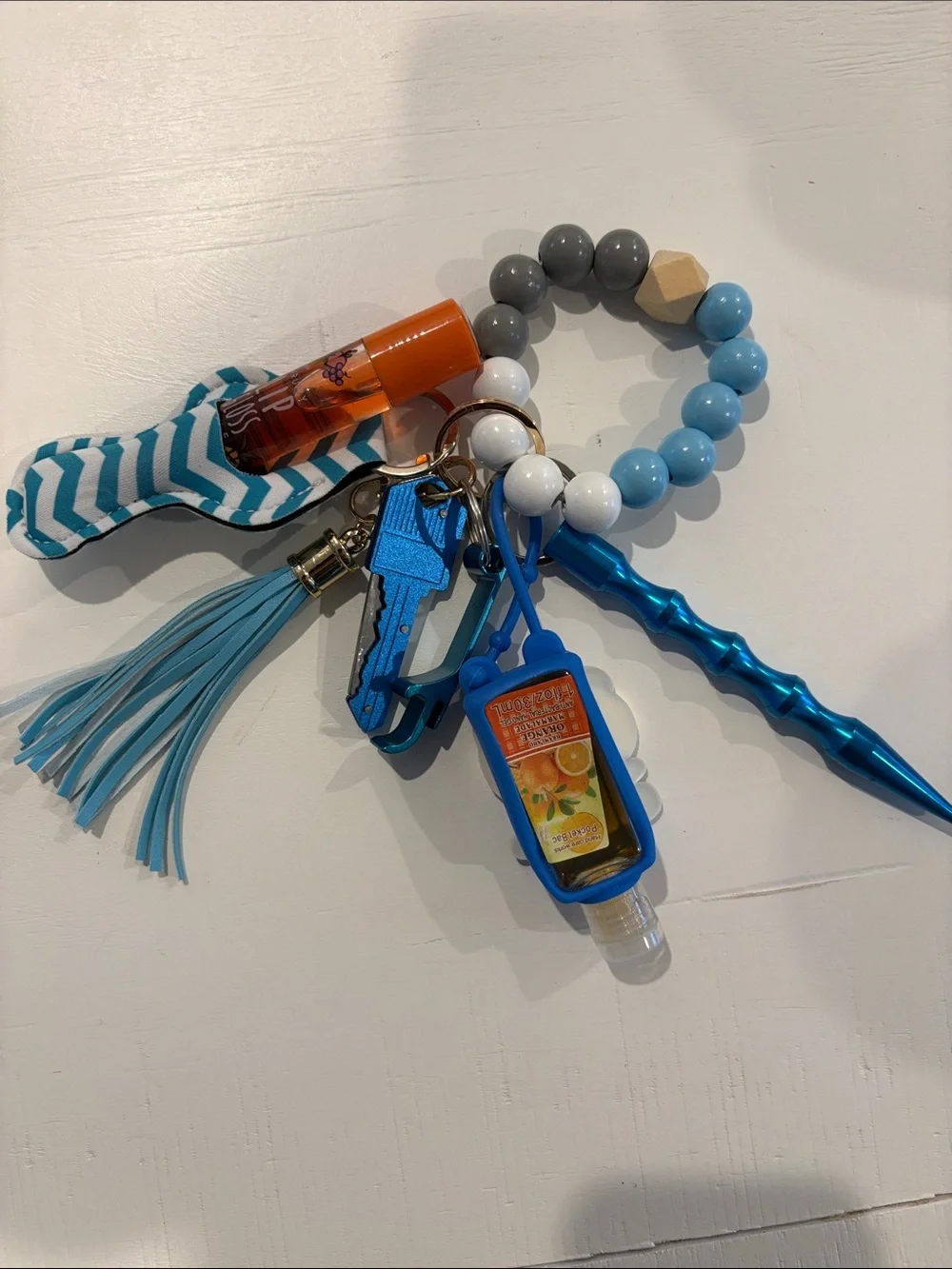 Blue Beaded Wristlet Keychain with Tassel and Hand Sanitizer